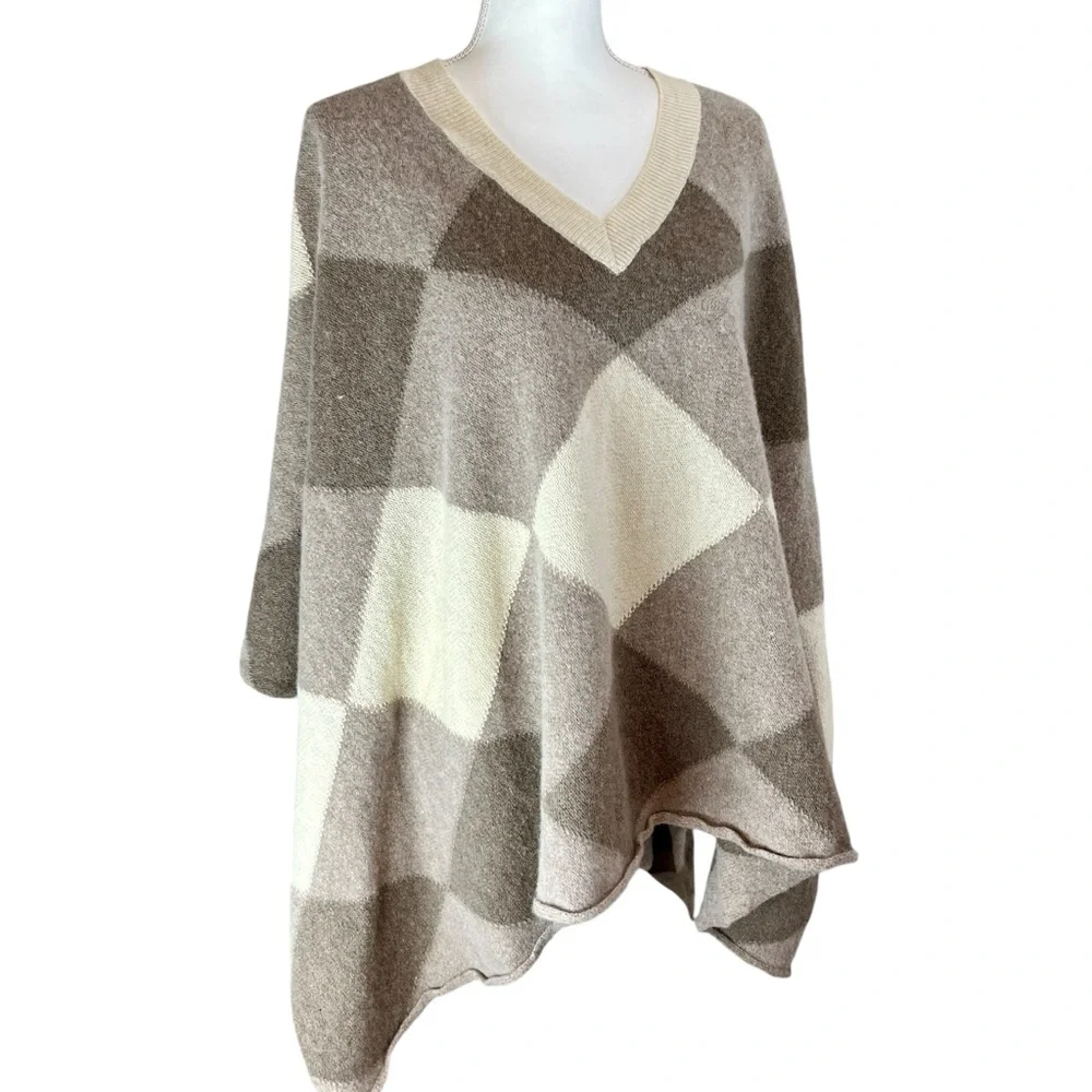 BOSTON PROPER Tan Cream Patchwork Poncho One Sz Lambswool Fall Pullover‎ Casual